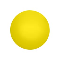 A round yellow stress ball with a smooth surface, featuring a simple logo.