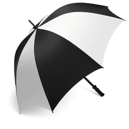 A black and white golf umbrella with a sturdy handle and a logo on the canopy.