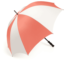 A pink and white striped golf umbrella with a sturdy black handle and a logo on the shaft.
