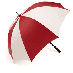 A large golf umbrella featuring red and white panels with a black handle and a branding logo.