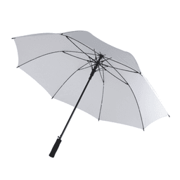A golf umbrella with a white canopy and a black handle, featuring a structural frame.