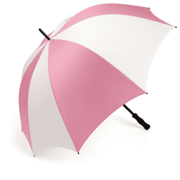 A pink and white golf umbrella with a black handle, featuring a logo on the surface.