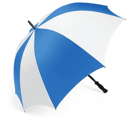 A blue and white striped golf umbrella with a black handle, featuring a logo on the canopy.