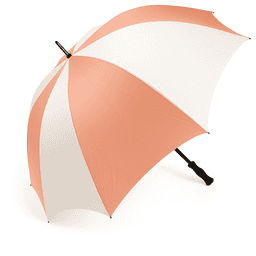 A golf umbrella with a peach and white striped canopy and a black handle, featuring a logo on the side.