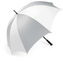 A large grey and white golf umbrella with a black handle and a logo on the shaft.