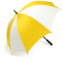 A large umbrella with yellow and white panels, featuring a black handle and a logo on the shaft.