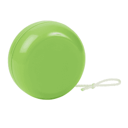 A green plastic yoyo with a white string, featuring a smooth and shiny surface.