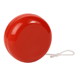 A red plastic yoyo with a white string, featuring a smooth, shiny surface.