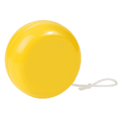 A yellow standard plastic yoyo with a white string attached. The surface is glossy and smooth.