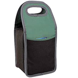 A green and black lunch bag with a handle and a front pocket, featuring a logo.