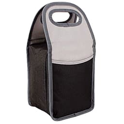 A lunch bag in grey and black with a handle and a front pocket, featuring a logo on the side.