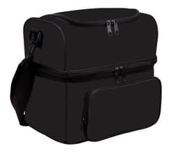A black insulated bag with a zippered top and front pocket, featuring a detachable strap and a logo.