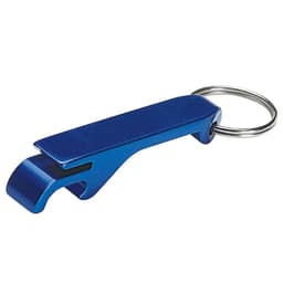 A bottle opener keychain in a shiny blue finish, featuring a slim design and a metal ring.