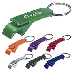 A set of six bottle openers in various colours, including green, orange, purple, red, silver, and black, with key rings.