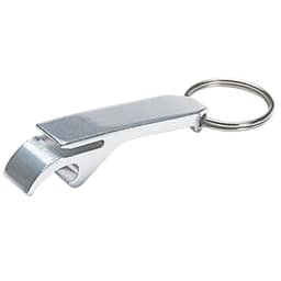 A keychain bottle opener in silver, featuring a sleek, minimalist design with a keyring attachment.