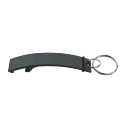 A black keyring bottle opener featuring a curved design and a metal ring for attachment.