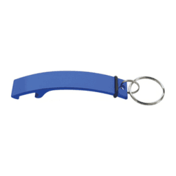 A blue keychain bottle opener with a metal ring, featuring a sleek, curved design.