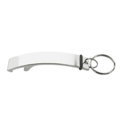 A bottle opener featuring a sleek silver design with a keyring attachment.