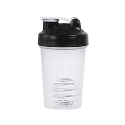 A drink bottle in clear plastic with a black flip-top lid and a branding logo. Features measurement markings on the side.