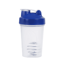 A drink bottle with a clear body and a blue lid, featuring a mixing ball and a logo.