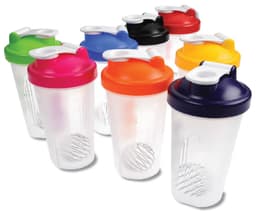 A drink bottle collection featuring various colours including green, pink, orange, black, red, and navy, with a shaker design and logo.