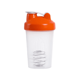 A drink bottle with a clear body and an orange lid, featuring a mixing ball inside and a flip-top cap.