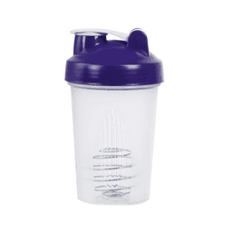 A drink bottle with a clear body and a purple lid, featuring a wire whisk ball inside and a logo.