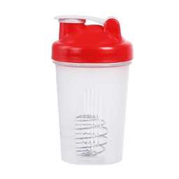 A drink bottle with a transparent body and a red lid, featuring an internal whisk for mixing.