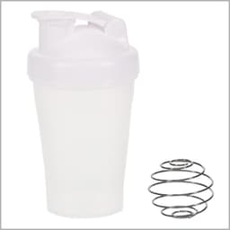 A drink bottle in white with a lid and a metal mixing ball beside it. The bottle features a logo.
