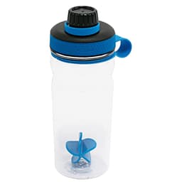 A drink bottle with a transparent body, blue accents, and a black cap featuring a logo.