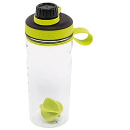 A drink bottle in transparent plastic with a black lid and bright green accents, featuring a fruit infuser ball.