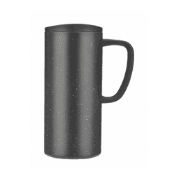 A drink bottle in black with a speckled design and a handle, featuring a lid and a logo.
