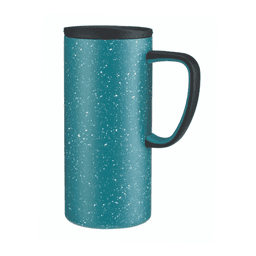 A teal travel mug with a speckled finish and a black handle and lid. It features a logo on its surface.