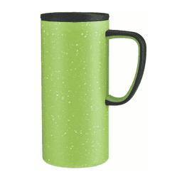 A travel mug in a speckled green finish with a black lid and handle. It features a logo on the body.