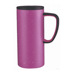A drink bottle in vibrant pink with a black lid and handle, featuring a speckled design and a logo.