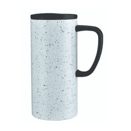 A travel mug in a speckled light blue finish with a black handle and lid, featuring a logo.