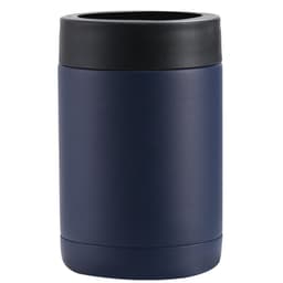 A drink bottle in navy blue with a black lid and a smooth finish. It features a logo on the body.