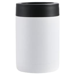 A drink bottle in white with a black lid. The bottle has a simple, modern design and features a logo.