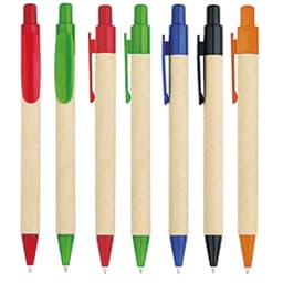 A set of seven pens in various colours: red, green, blue, black, orange, and a natural wood finish. Each pen has a clip.