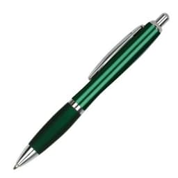 A green metal pen featuring a sleek design and chrome accents, with a logo on the body.