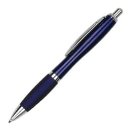 A blue metal pen with a shiny finish and a black grip, featuring a clip and a logo.