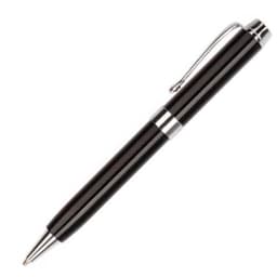 A black metal pen with a silver trim and a clip, featuring a sleek and elegant design.