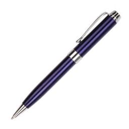 A purple metal pen with silver accents and a clip. It features a sleek, shiny finish.