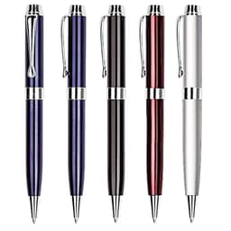 A collection of four metal pens in purple, black, red, and silver, featuring sleek designs and clips.
