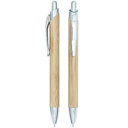 A set of metal pens with a bamboo finish and chrome accents, featuring a sleek design and a clip for attachment.