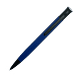 A blue metal pen with a black cap and clip, featuring a logo on its body.