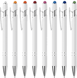 A collection of white metal pens with coloured tips, displayed in a row. Each pen features a clip and branding.