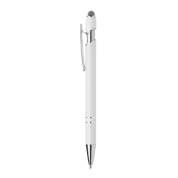 A white metal pen with a silver clip and tip, featuring a logo on the surface.