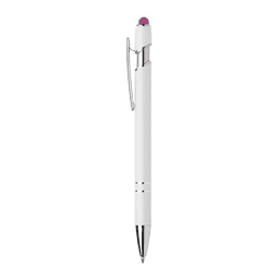 A white metal pen with a pink top and a clip, featuring a logo on the body.
