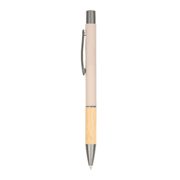 A metal pen featuring a beige body and a wooden lower section, with a contrasting silver clip and tip.